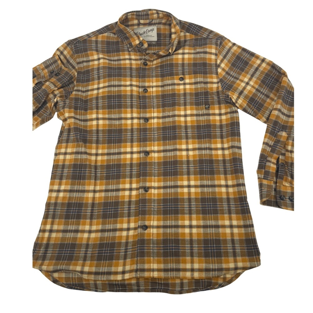 Duck‎ Camp Plaid Flannel Shirt Mens Medium Yellow Brown Stretch Outdoor Button